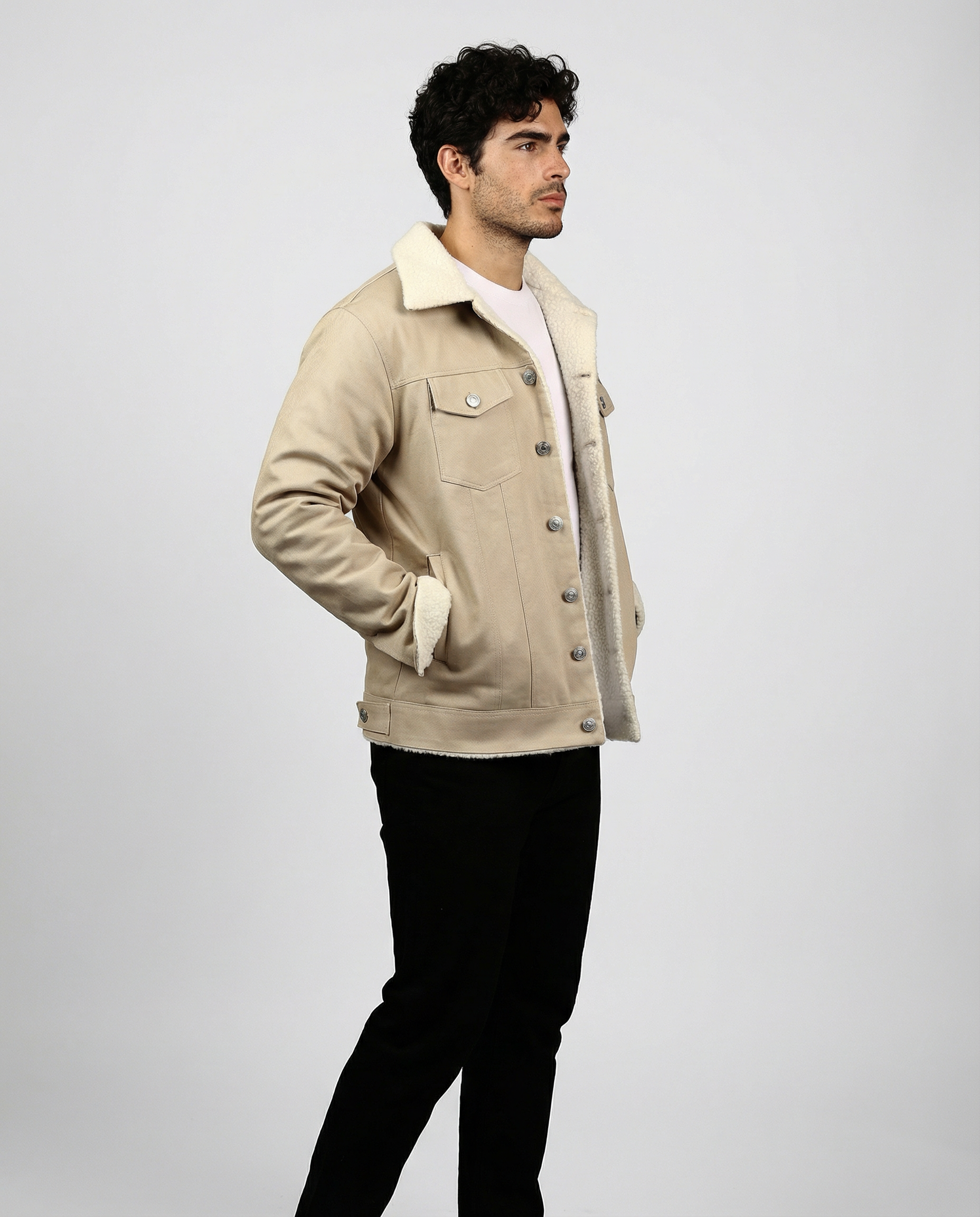 Beige Denim Teddy-Lined Jacket