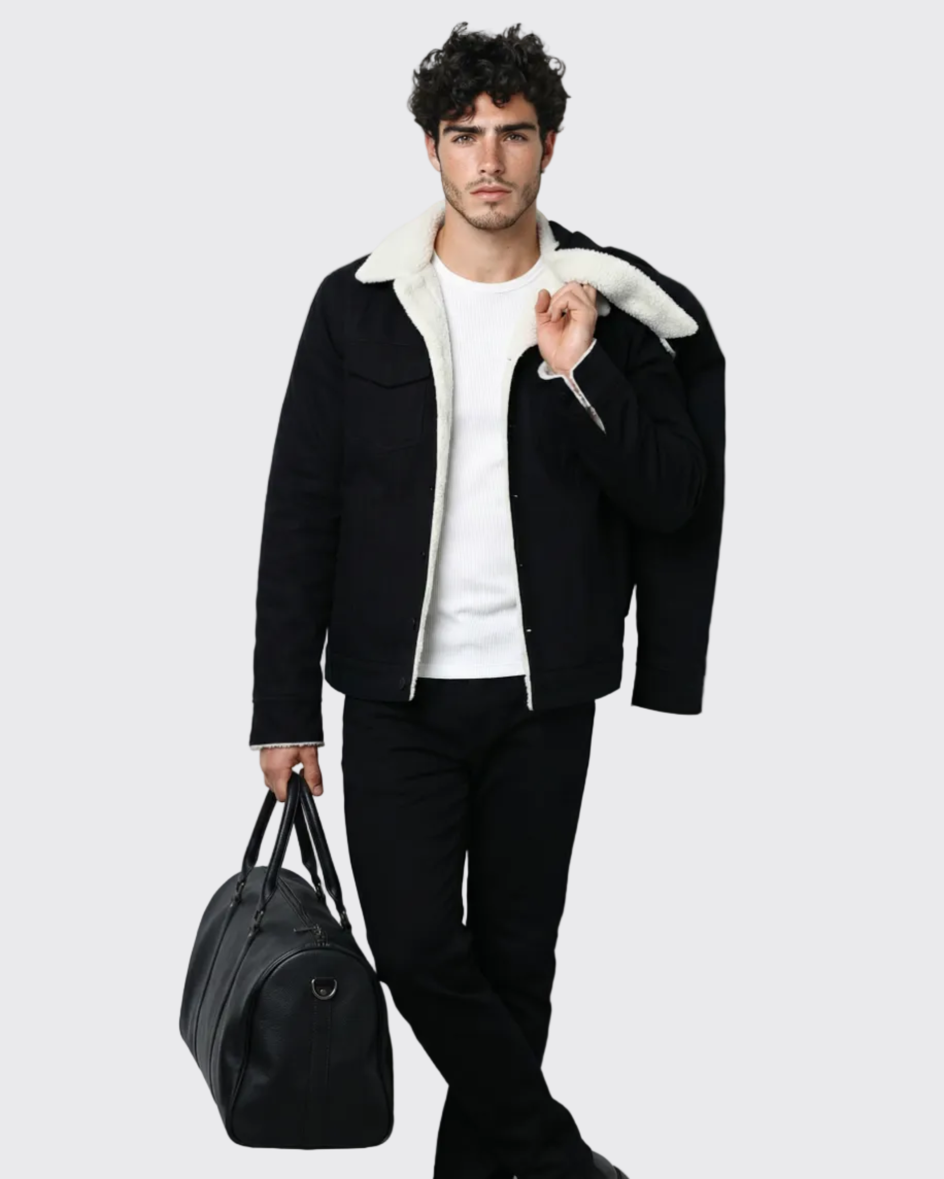 Black Denim Teddy-Lined Jacket