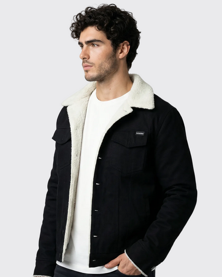 Black Denim Teddy-Lined Jacket