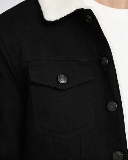 Black Denim Teddy-Lined Jacket