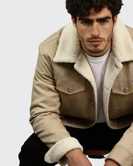 Beige Denim Teddy-Lined Jacket