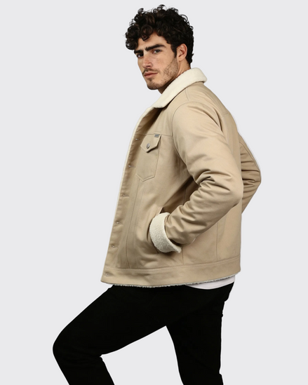 Beige Denim Teddy-Lined Jacket